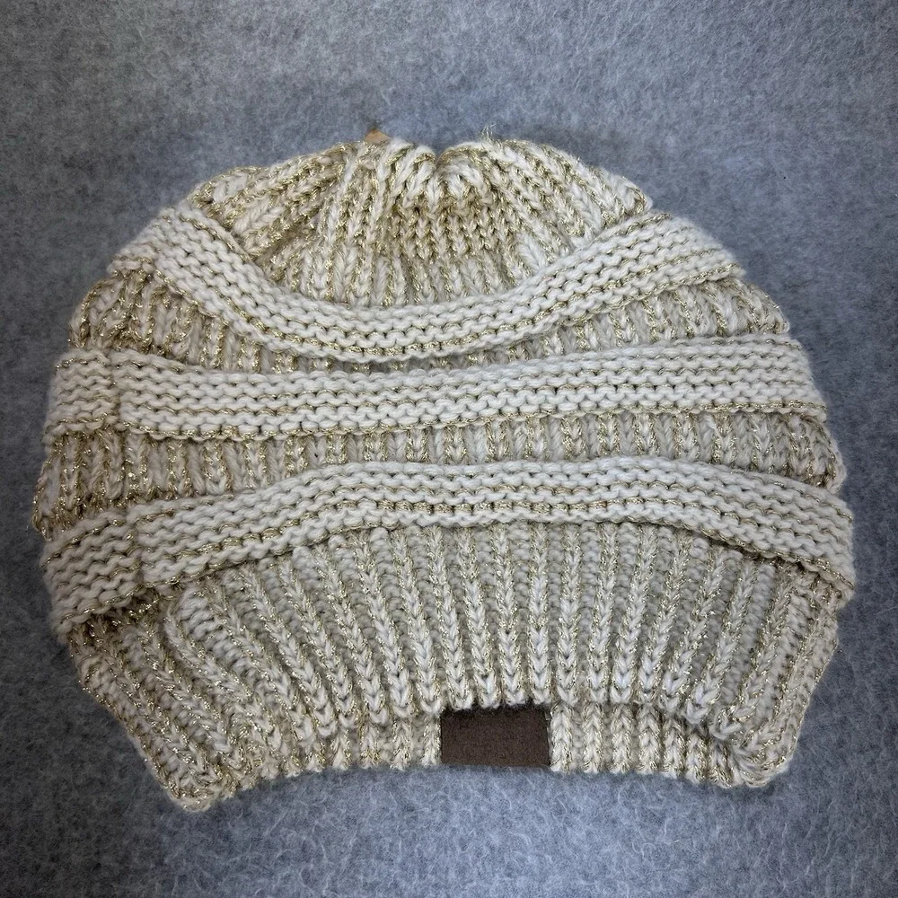 C.C Exclusives Knit Beanie Hat Cream Gold Metallic Acrylic One Size Women